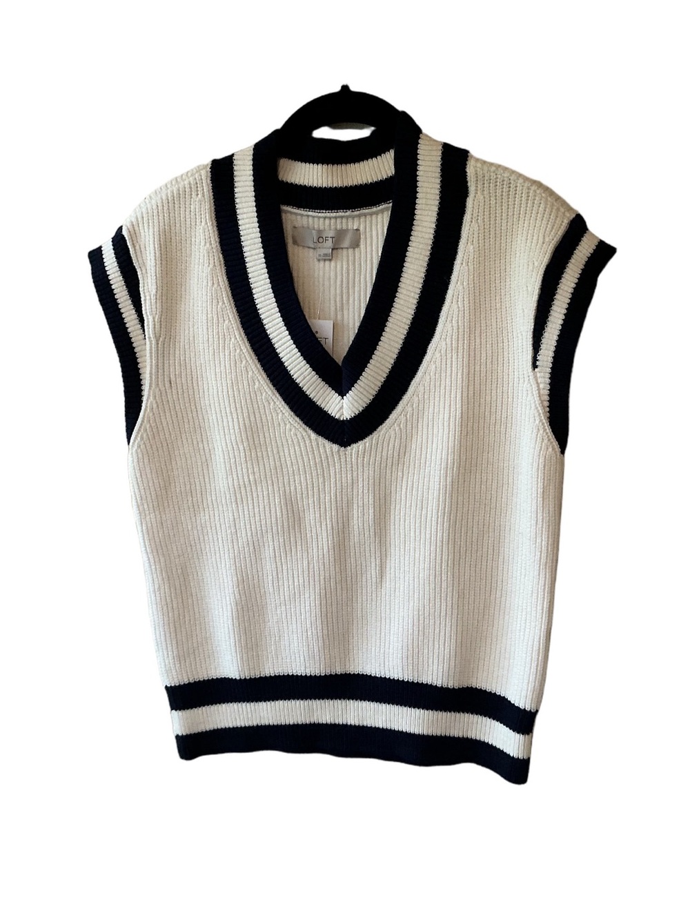 NEW LOFT Varsity V-Neck Ribbed Knit Sweater Vest White/Cream Navy Stripes XS